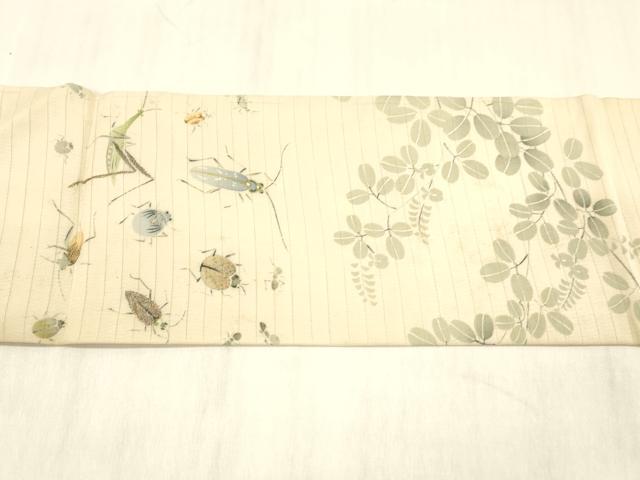 平和屋着物＊夏物 アンティーク 大正ロマン 九寸名古屋帯 絽縮緬 手描き 夏虫草葉文 正絹 逸品 DABC8959cm