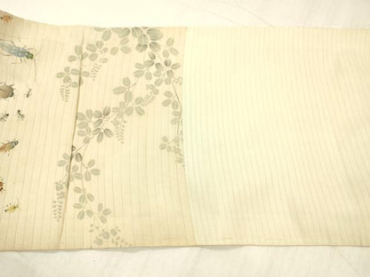 平和屋着物＊夏物 アンティーク 大正ロマン 九寸名古屋帯 絽縮緬 手描き 夏虫草葉文 正絹 逸品 DABC8959cm