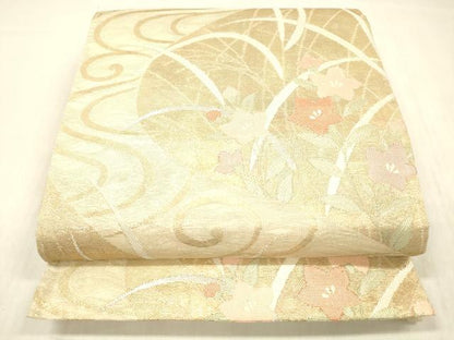 平和屋着物＊夏物 六通柄袋帯 流水草花文 金糸 正絹 逸品 DABC8969cm