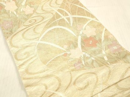 平和屋着物＊夏物 六通柄袋帯 流水草花文 金糸 正絹 逸品 DABC8969cm