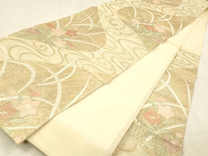 平和屋着物＊夏物 六通柄袋帯 流水草花文 金糸 正絹 逸品 DABC8969cm