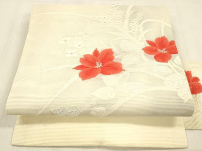 平和屋着物＊夏物 九寸名古屋帯 草花文 銀糸 正絹 逸品 DABC8978cm
