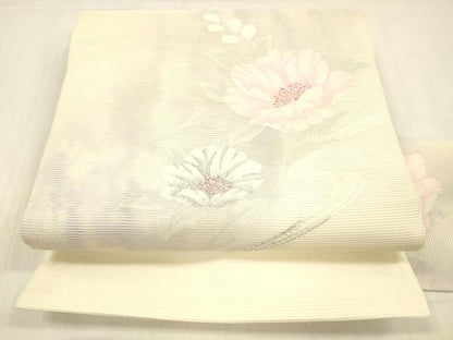 平和屋着物＊夏物 九寸名古屋帯 流水草花文 銀糸 正絹 逸品 DABC8979cm