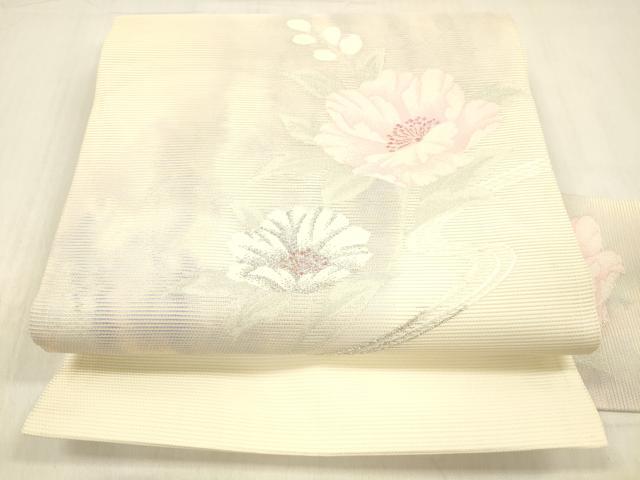 平和屋着物＊夏物 九寸名古屋帯 流水草花文 銀糸 正絹 逸品 DABC8979cm