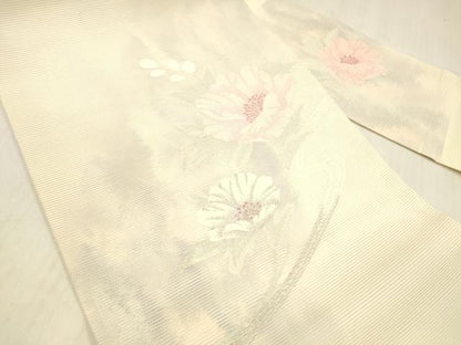 平和屋着物＊夏物 九寸名古屋帯 流水草花文 銀糸 正絹 逸品 DABC8979cm