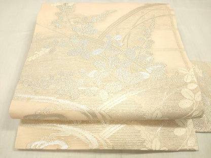 平和屋着物＊夏物 九寸名古屋帯 流水籬草花文 銀糸 正絹 逸品 DABC8984cm