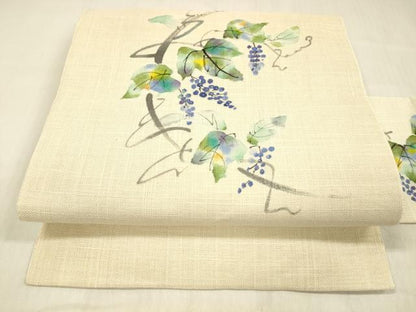 平和屋着物＊夏物 九寸名古屋帯 手描き 葡萄蔦の葉文 銀通し地 DABC8988cm