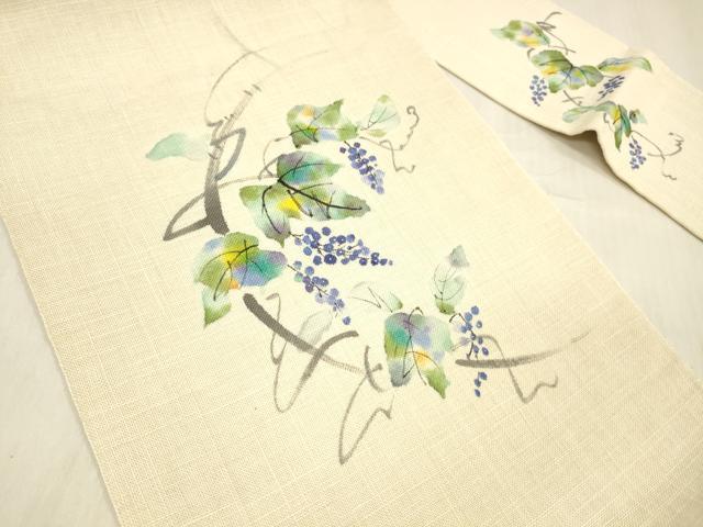 平和屋着物＊夏物 九寸名古屋帯 手描き 葡萄蔦の葉文 銀通し地 DABC8988cm