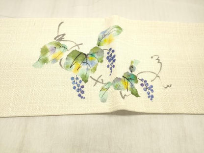 平和屋着物＊夏物 九寸名古屋帯 手描き 葡萄蔦の葉文 銀通し地 DABC8988cm