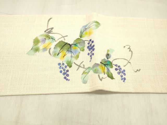 平和屋着物＊夏物 九寸名古屋帯 手描き 葡萄蔦の葉文 銀通し地 DABC8988cm