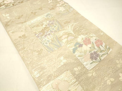 平和屋着物＊夏物 六通柄袋帯 色紙草花文 金銀糸 正絹 逸品 DABC8998cm