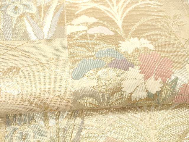 平和屋着物＊夏物 六通柄袋帯 色紙草花文 金銀糸 正絹 逸品 DABC8998cm