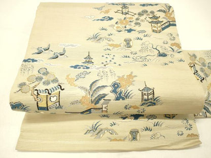 平和屋着物＊夏物 アンティーク 大正ロマン 九寸名古屋帯 風景飛鳥草花文 金糸 正絹 逸品 DABC9000cm
