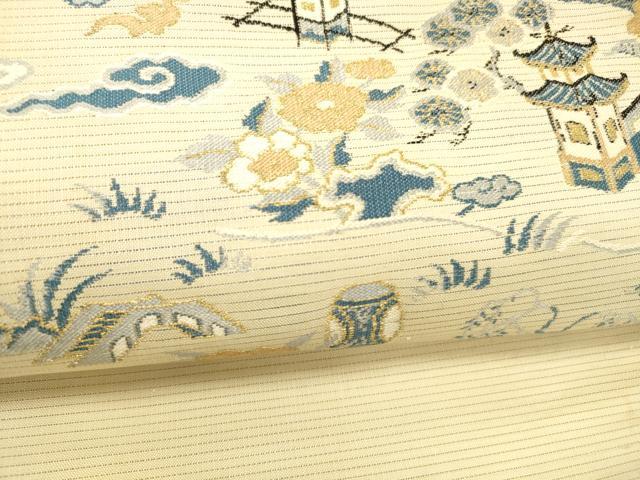 平和屋着物＊夏物 アンティーク 大正ロマン 九寸名古屋帯 風景飛鳥草花文 金糸 正絹 逸品 DABC9000cm