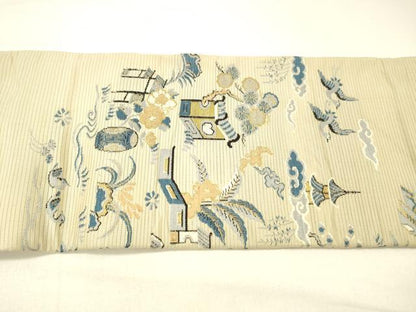 平和屋着物＊夏物 アンティーク 大正ロマン 九寸名古屋帯 風景飛鳥草花文 金糸 正絹 逸品 DABC9000cm