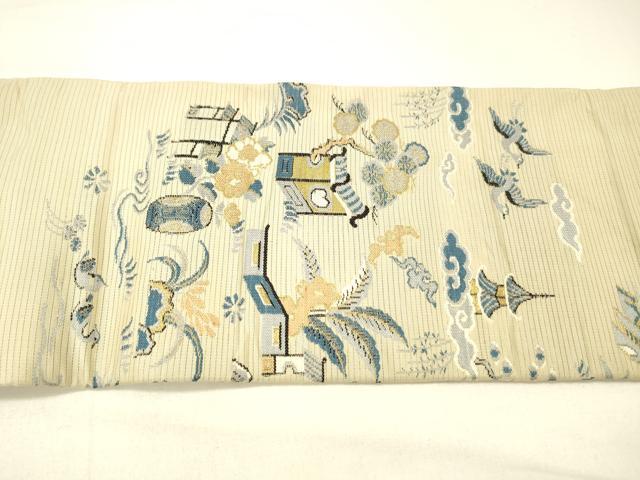 平和屋着物＊夏物 アンティーク 大正ロマン 九寸名古屋帯 風景飛鳥草花文 金糸 正絹 逸品 DABC9000cm