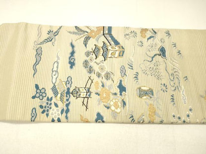 平和屋着物＊夏物 アンティーク 大正ロマン 九寸名古屋帯 風景飛鳥草花文 金糸 正絹 逸品 DABC9000cm