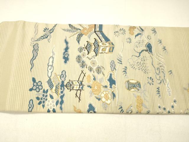 平和屋着物＊夏物 アンティーク 大正ロマン 九寸名古屋帯 風景飛鳥草花文 金糸 正絹 逸品 DABC9000cm