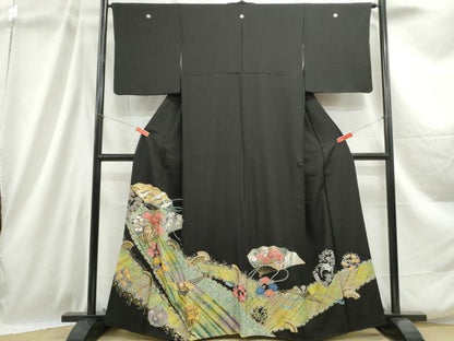 平和屋着物■豪華黒留袖　刺繍　扇面花鳥文　金銀彩　正絹　逸品　DABC9029qa