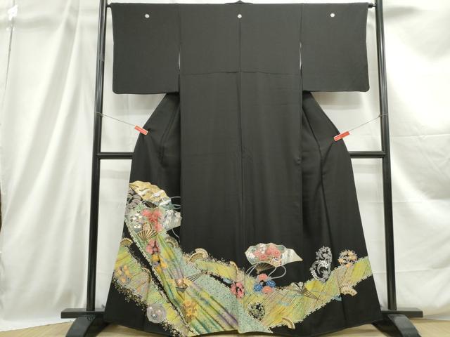 平和屋着物■豪華黒留袖　刺繍　扇面花鳥文　金銀彩　正絹　逸品　DABC9029qa