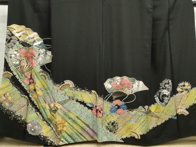 平和屋着物■豪華黒留袖　刺繍　扇面花鳥文　金銀彩　正絹　逸品　DABC9029qa