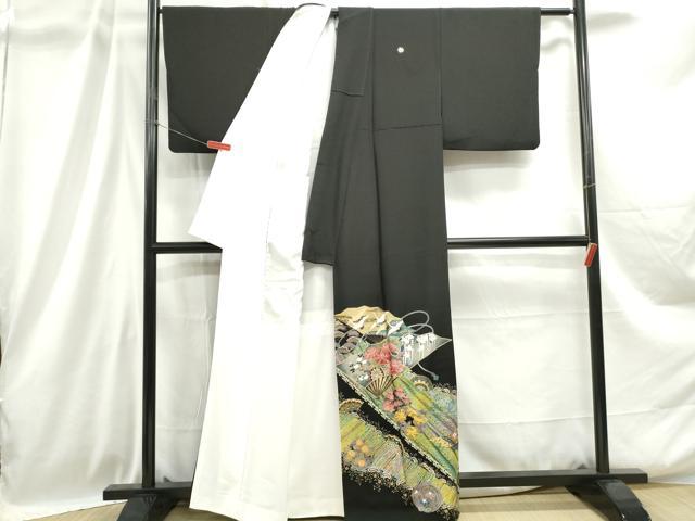 平和屋着物■豪華黒留袖　刺繍　扇面花鳥文　金銀彩　正絹　逸品　DABC9029qa