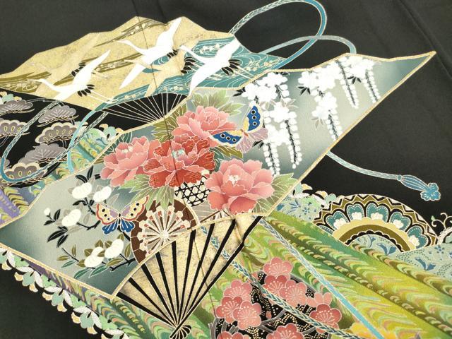 平和屋着物■豪華黒留袖　刺繍　扇面花鳥文　金銀彩　正絹　逸品　DABC9029qa