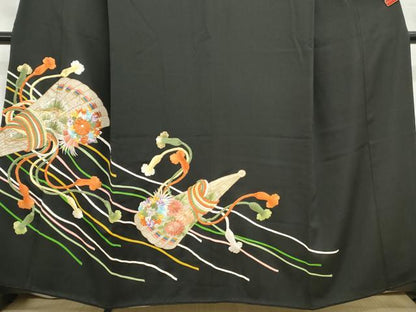平和屋着物■豪華黒留袖　総刺繍　檜扇花文　金銀糸　正絹　逸品　DABC9041qa