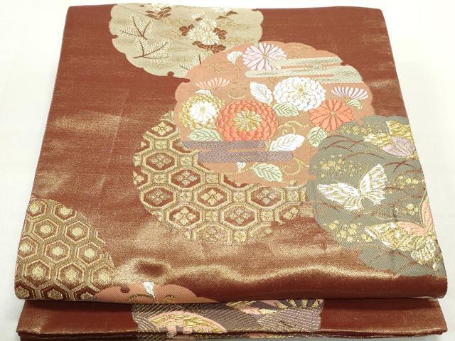 平和屋着物◎六通柄袋帯　唐織　雪輪花蝶文　本うるし箔　金糸　正絹　逸品　DABC9107qa