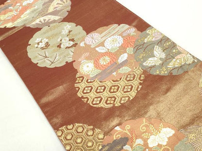 平和屋着物◎六通柄袋帯　唐織　雪輪花蝶文　本うるし箔　金糸　正絹　逸品　DABC9107qa
