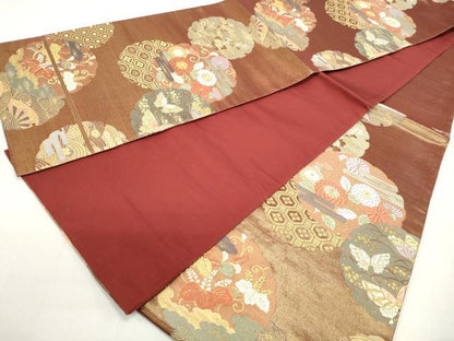 平和屋着物◎六通柄袋帯　唐織　雪輪花蝶文　本うるし箔　金糸　正絹　逸品　DABC9107qa
