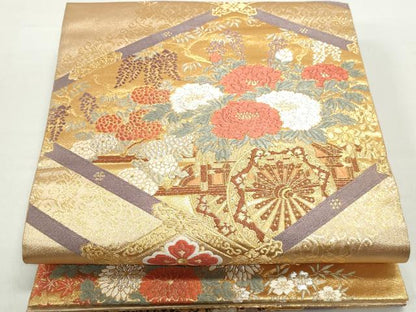 平和屋着物◎六通柄袋帯　唐織　天井花車文　金銀糸　正絹　逸品　DABC9116qa
