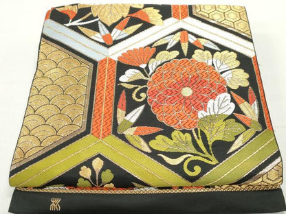 平和屋着物◎六通柄 本袋帯 唐織 作家物 亀甲花文 黒地 金糸 正絹 逸品 DABC9120qa