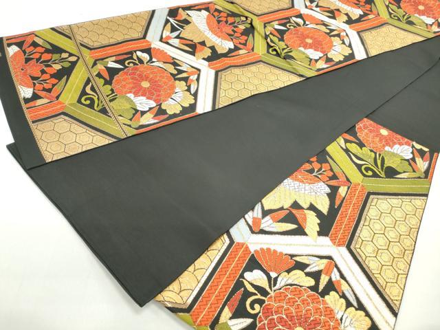 平和屋着物◎六通柄 本袋帯 唐織 作家物 亀甲花文 黒地 金糸 正絹 逸品 DABC9120qa