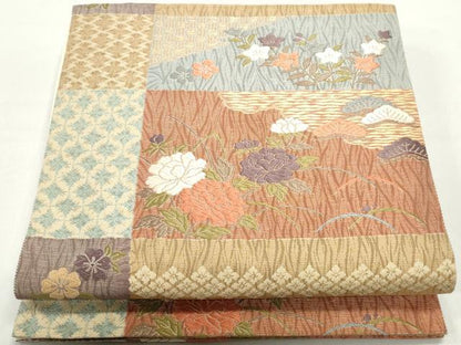 平和屋着物◎六通柄袋帯　唐織　横段花文　金糸　正絹　逸品　DABC9122qa