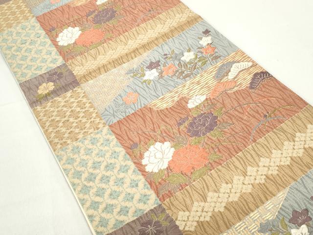 平和屋着物◎六通柄袋帯　唐織　横段花文　金糸　正絹　逸品　DABC9122qa