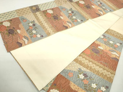 平和屋着物◎六通柄袋帯　唐織　横段花文　金糸　正絹　逸品　DABC9122qa