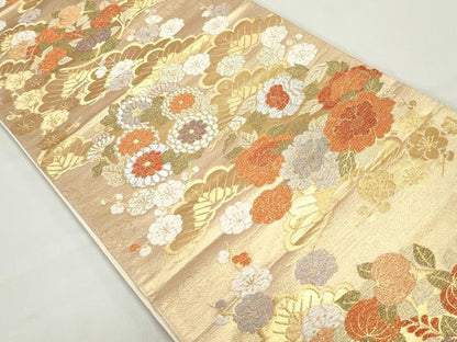 平和屋着物◎六通柄袋帯　唐織　枝松花文　金銀糸　正絹　逸品　DABC9126qa