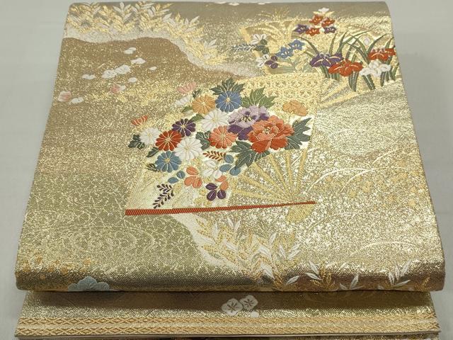 平和屋着物◎六通柄袋帯　唐織　扇面花文　金糸　正絹　逸品　DABC9130qa