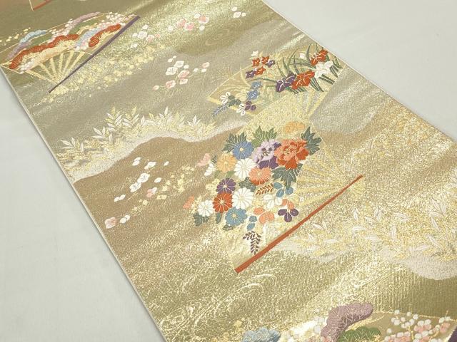 平和屋着物◎六通柄袋帯　唐織　扇面花文　金糸　正絹　逸品　DABC9130qa
