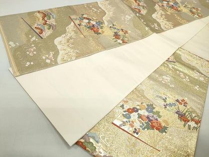 平和屋着物◎六通柄袋帯　唐織　扇面花文　金糸　正絹　逸品　DABC9130qa