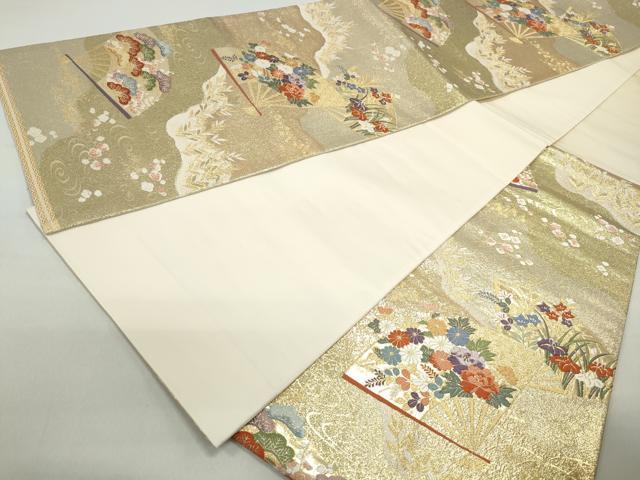 平和屋着物◎六通柄袋帯　唐織　扇面花文　金糸　正絹　逸品　DABC9130qa