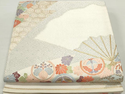 平和屋着物◎六通柄袋帯 唐織 扇面花文 金糸 正絹 逸品 DABC9134qa