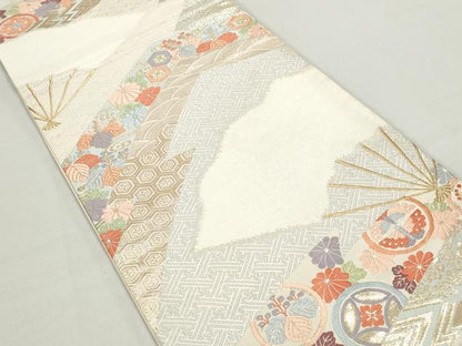 平和屋着物◎六通柄袋帯 唐織 扇面花文 金糸 正絹 逸品 DABC9134qa