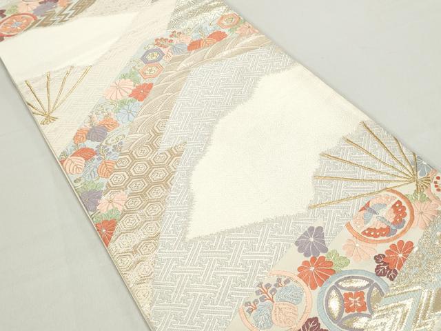 平和屋着物◎六通柄袋帯 唐織 扇面花文 金糸 正絹 逸品 DABC9134qa