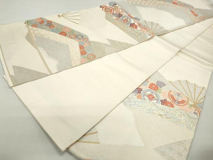 平和屋着物◎六通柄袋帯 唐織 扇面花文 金糸 正絹 逸品 DABC9134qa