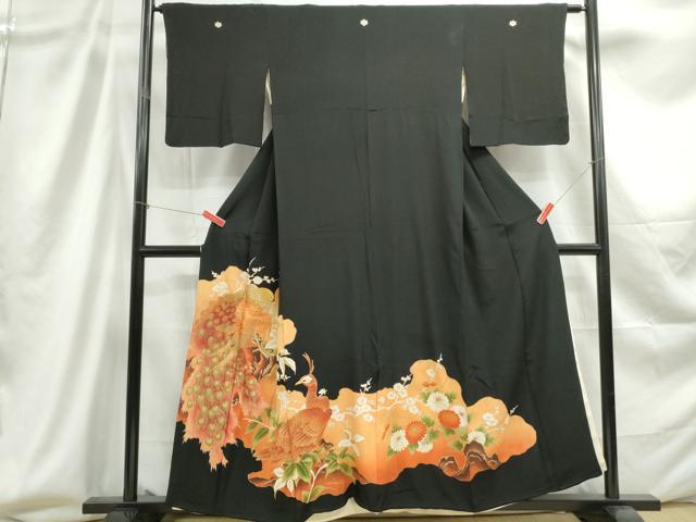 平和屋着物■豪華黒留袖 刺繍 孔雀花文 暈し染め 金糸 金彩 正絹 逸品 DABC9223qa