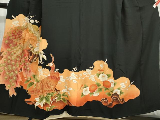 平和屋着物■豪華黒留袖 刺繍 孔雀花文 暈し染め 金糸 金彩 正絹 逸品 DABC9223qa