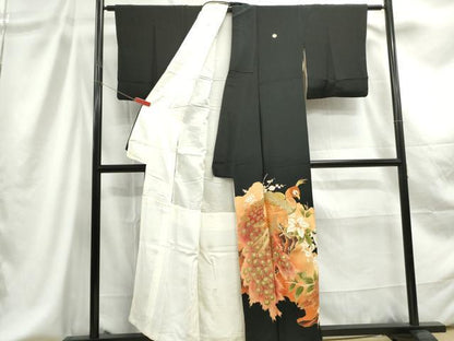 平和屋着物■豪華黒留袖 刺繍 孔雀花文 暈し染め 金糸 金彩 正絹 逸品 DABC9223qa