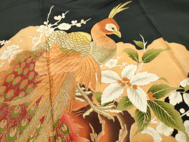 平和屋着物■豪華黒留袖 刺繍 孔雀花文 暈し染め 金糸 金彩 正絹 逸品 DABC9223qa